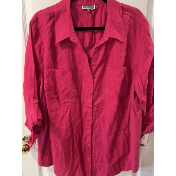 JM Collection Linen Blouse Womens Plus Sz 22W Roll Tab Sleeve Pink Button Up New - Picture 8 of 8